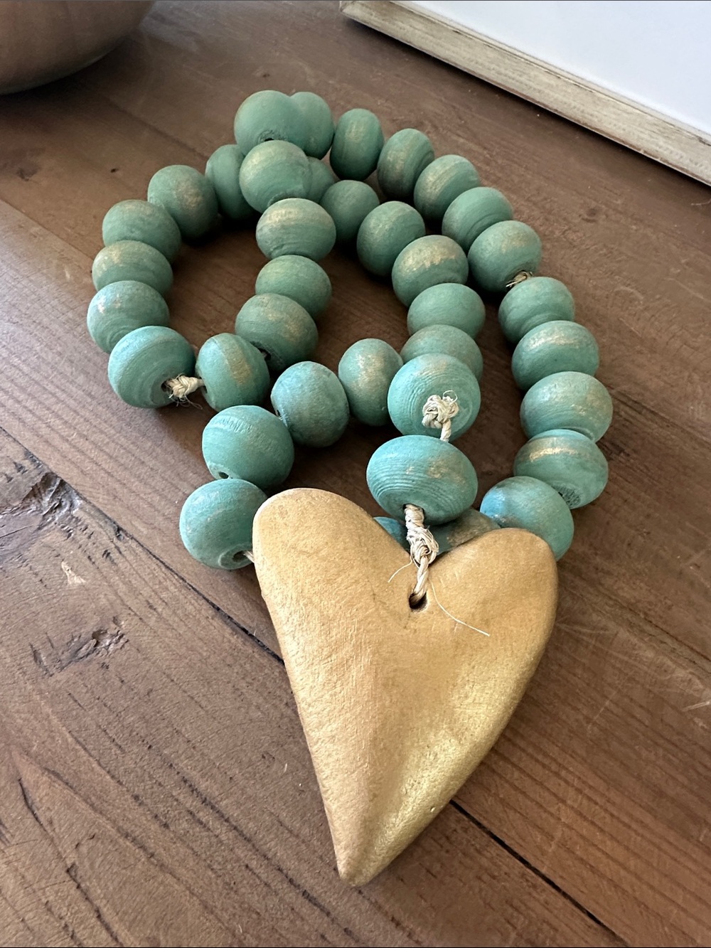Handmade Gold Heart Pendant Necklace with Aqua Wooden Beads
